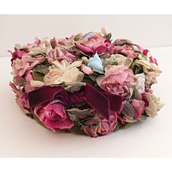 VTG Marche Floral Pillbox Hat Multi Overall 3D Flowers 50-60s Union Made USA - Picture 5 of 9